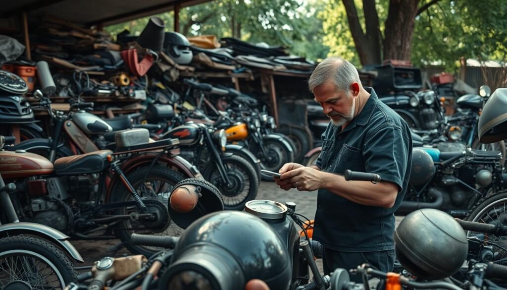 Inspecting motorcycle parts at wreckers